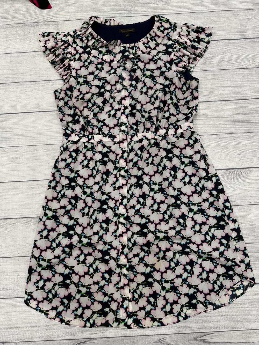 Banana Republic Floral Ruffle Sleeve Shirt Dress Navy Pink Size 14